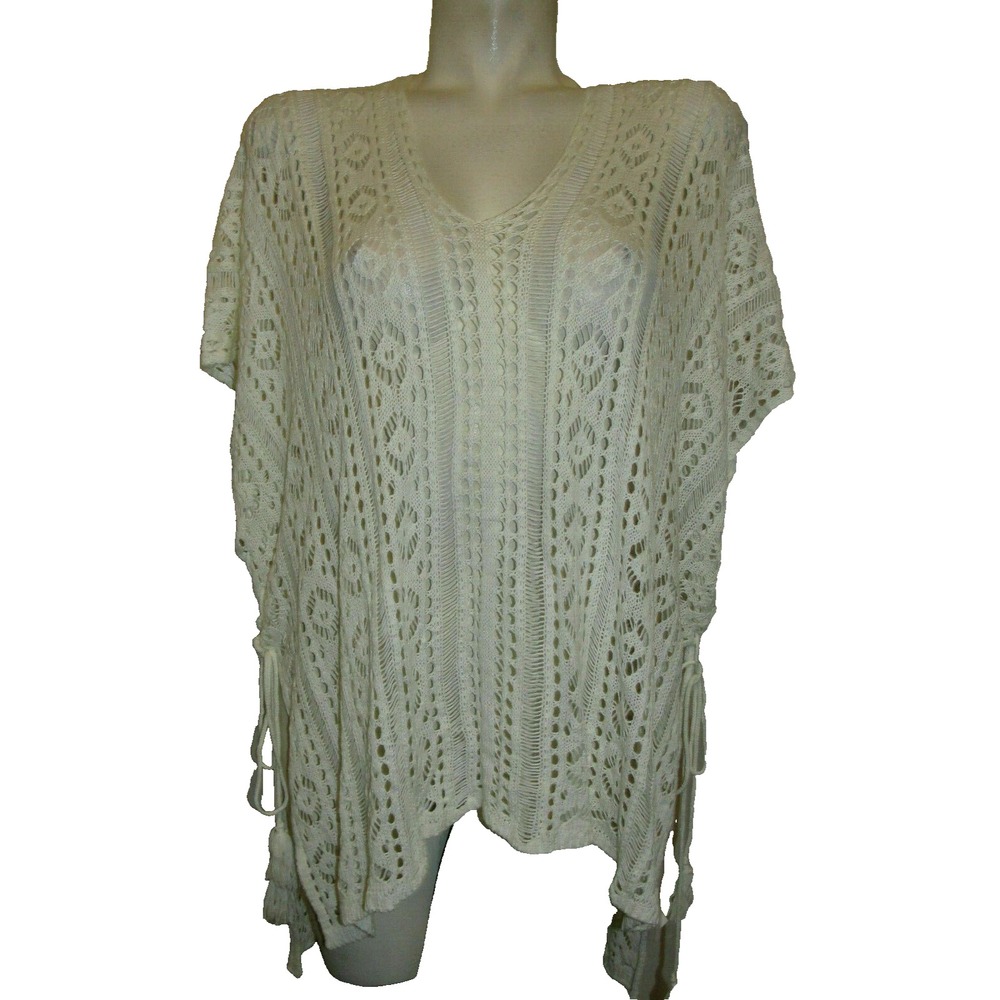 Womens Ivory Crochet Knit Poncho Top V-Neck Boho Tassel Side Tie Cover Up OS